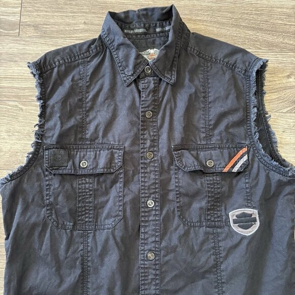 Harley Davidson Shirt Mens M Black Pockets Biker Tank Cut Off Distressed Logo - Picture 2 of 15
